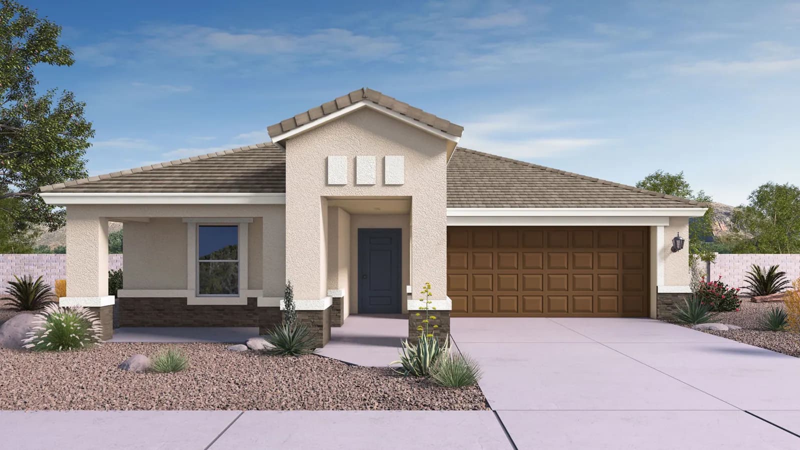 Newly built single-story home with modern architecture, a double garage, and landscaped front yard